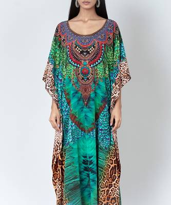 Green Tribal Print Embellished Silk Full Length Kaftan 5