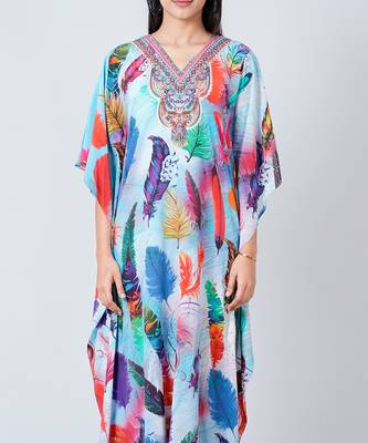 Multicoloured Feather Print Embellished Silk Full Length Kaftan 5