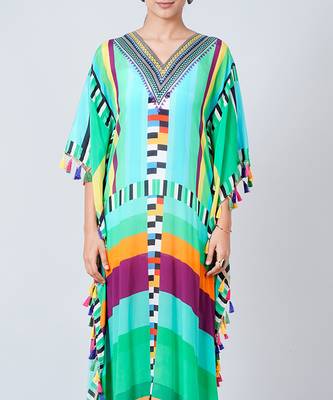 Blue And Green Geometric Mid Length Kaftan With Lace 5