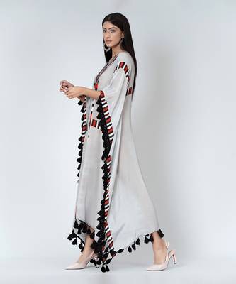 Grey Geometric Mid Length Kaftan With Lace 5