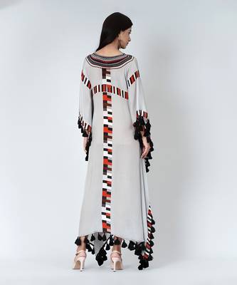 Grey Geometric Mid Length Kaftan With Lace 6