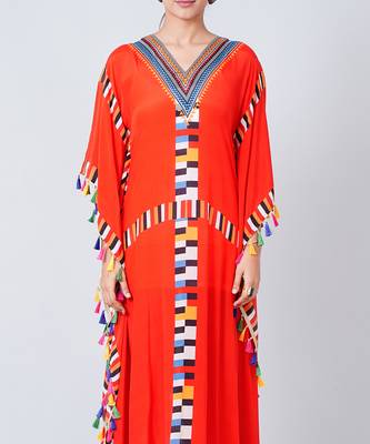 Red Geometric Mid Length Kaftan With Lace 5