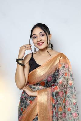ORANGE Pure Organza Fabric With Rich Sequins Pallu And Digital Print Unstitched Blouse Saree 1