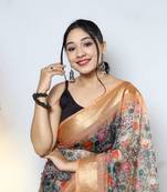 ORANGE Pure Organza Fabric With Rich Sequins Pallu And Digital Print Unstitched Blouse Saree