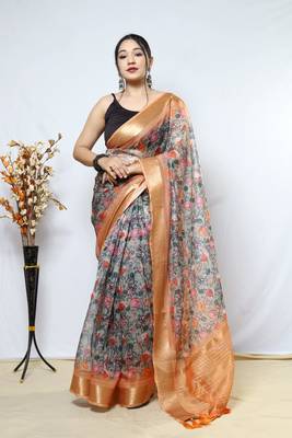 ORANGE Pure Organza Fabric With Rich Sequins Pallu And Digital Print Unstitched Blouse Saree 2