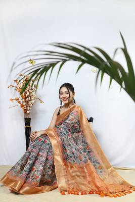 ORANGE Pure Organza Fabric With Rich Sequins Pallu And Digital Print Unstitched Blouse Saree 3