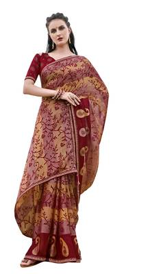 Red printed brasso saree with blouse 1