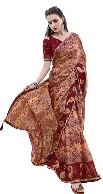 Red printed brasso saree with blouse 2
