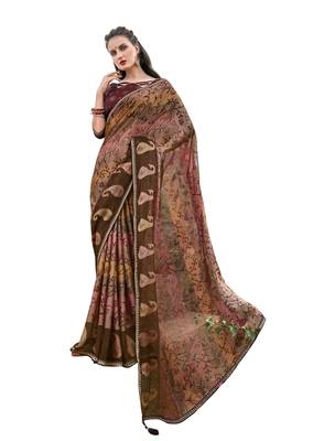 Burgundy printed brasso saree with blouse 1