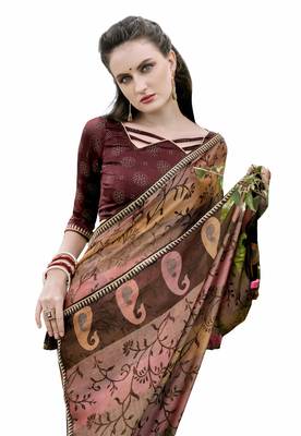 Burgundy printed brasso saree with blouse 2