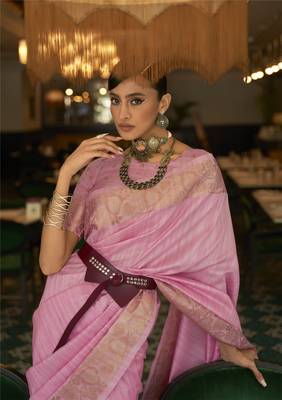 Light pink woven silk saree with blouse 2