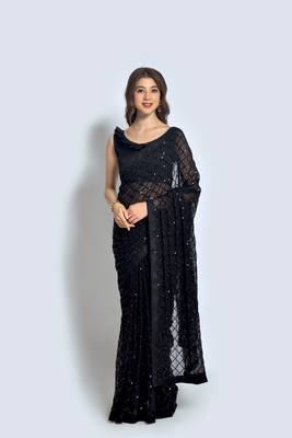 Black plain georgette saree with blouse 1