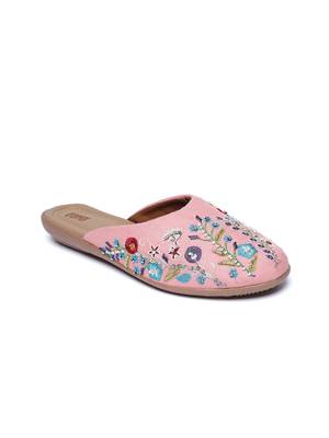 Kiana Women's Embroidered Pink Canvas Closed Toe Flat Shoes 1