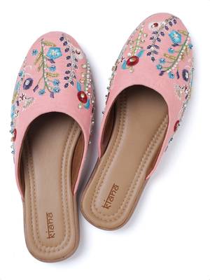 Kiana Women's Embroidered Pink Canvas Closed Toe Flat Shoes 3