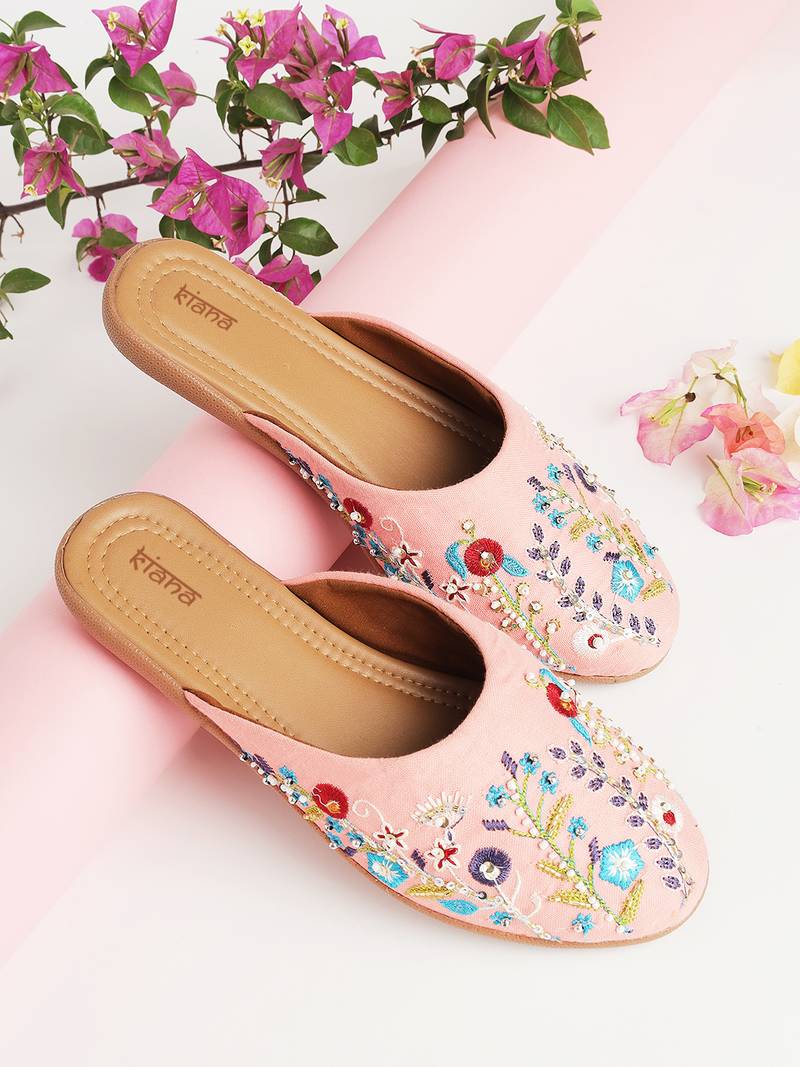 Kiana Women's Embroidered Pink Canvas Closed Toe Flat Shoes