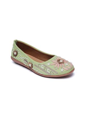 Kiana Women's Embroidered and Embellished Green Canvas Bellies 1