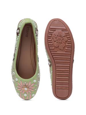 Kiana Women's Embroidered and Embellished Green Canvas Bellies 2