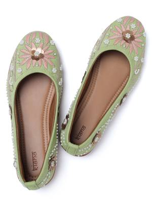 Kiana Women's Embroidered and Embellished Green Canvas Bellies 3