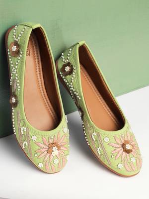 Kiana Women's Embroidered and Embellished Green Canvas Bellies 5