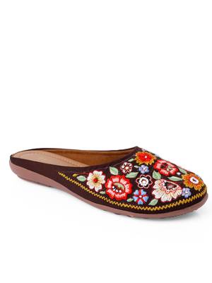 Kiana Women's Embroidered Coffee Canvas Round Toe Bellies 1