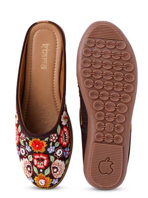Kiana Women's Embroidered Coffee Canvas Round Toe Bellies 2