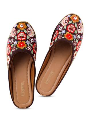 Kiana Women's Embroidered Coffee Canvas Round Toe Bellies 3