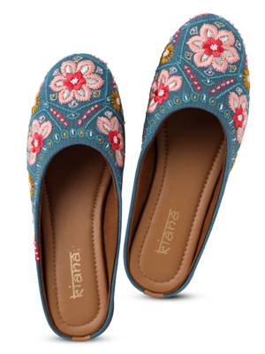 Kiana Women's Embroidered Grey Canvas Round Toe Bellies 3