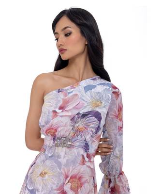 One-Shoulder High-Low Dress with Crystal Brooch 5