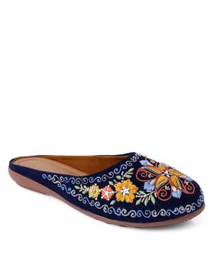 Kiana Women's Embroidered Denim Blue Canvas Closed Toe Bellies 1
