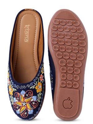 Kiana Women's Embroidered Denim Blue Canvas Closed Toe Bellies 2