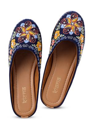 Kiana Women's Embroidered Denim Blue Canvas Closed Toe Bellies 3