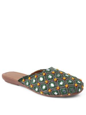 Kiana Women's Embroidered Dark Green Canvas Closed Toe Bellies 1