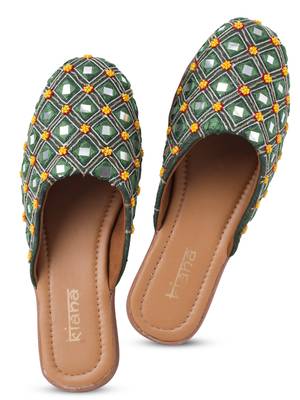 Kiana Women's Embroidered Dark Green Canvas Closed Toe Bellies 3