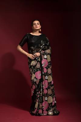Black embroidered georgette saree with blouse 1