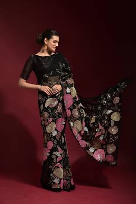 Black embroidered georgette saree with blouse 4