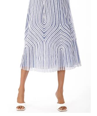Blue A-Line Midi Skirt with Lace Trims 5