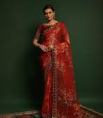 Red printed georgette saree with blouse
