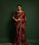 Wine printed georgette saree with blouse