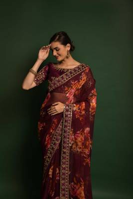 Wine printed georgette saree with blouse 2