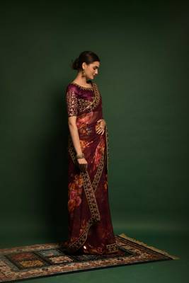 Wine printed georgette saree with blouse 4