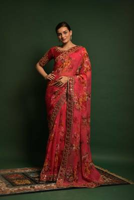 Pink printed georgette saree with blouse 1