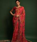 Pink printed georgette saree with blouse