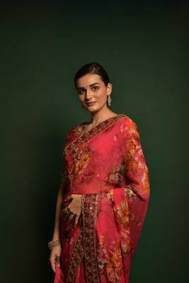 Pink printed georgette saree with blouse 2