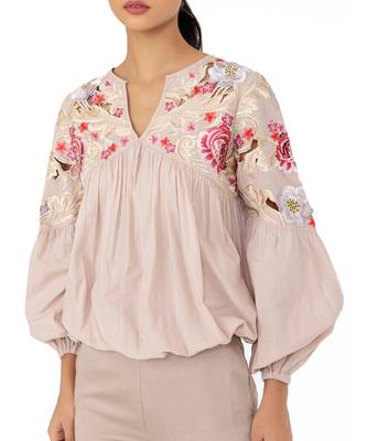 Blouson Sleeves Top with Cutwork Floral Embroidery 5
