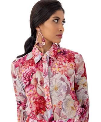 Floral Printed Shirt with  Blouson Sleeves 5