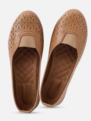 Kiana Women's Light Brown Canvas Laser cut Round Shape Casual Bellies 2