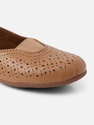 Kiana Women's Light Brown Canvas Laser cut Round Shape Casual Bellies 3