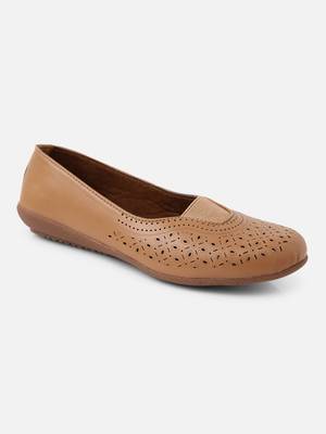 Kiana Women's Light Brown Canvas Laser cut Round Shape Casual Bellies 4