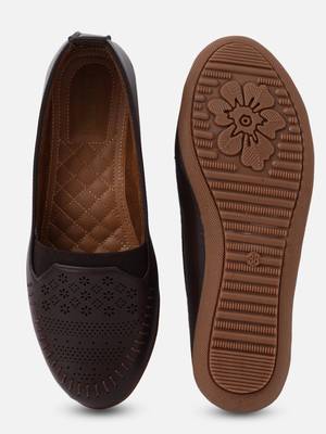 Kiana Women's Brown Canvas Laser cut Round Shape Casual Bellies 1