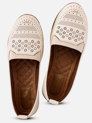 Kiana Women's Off-White Canvas Laser cut Round Shape Casual Bellies 2